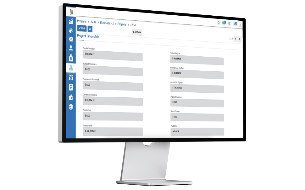 A computer monitor showing project financials