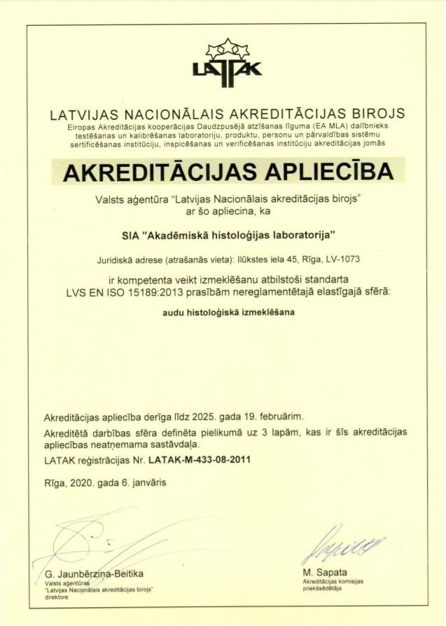 SIA “Akadēmiskā histoloģijas laboratorija” ir izgājusi akreditācijas procedūru