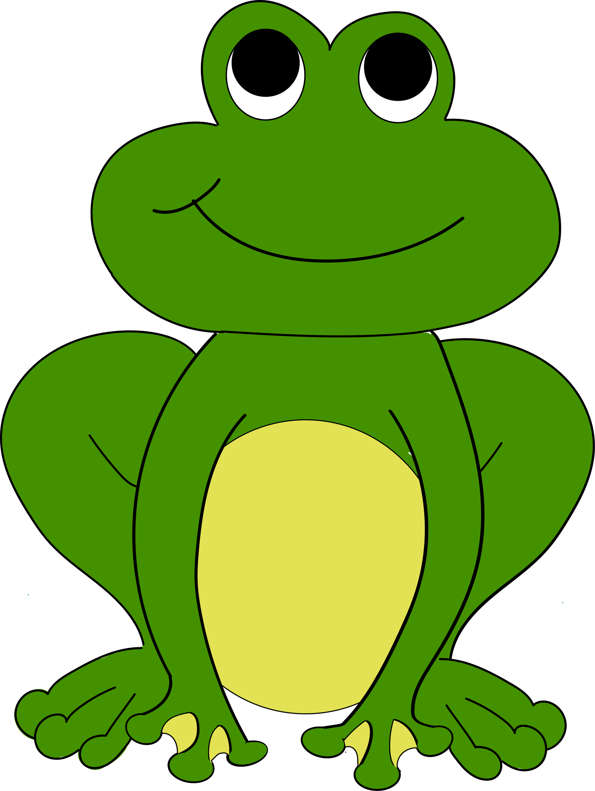 A green frog with a yellow belly is sitting down and smiling.