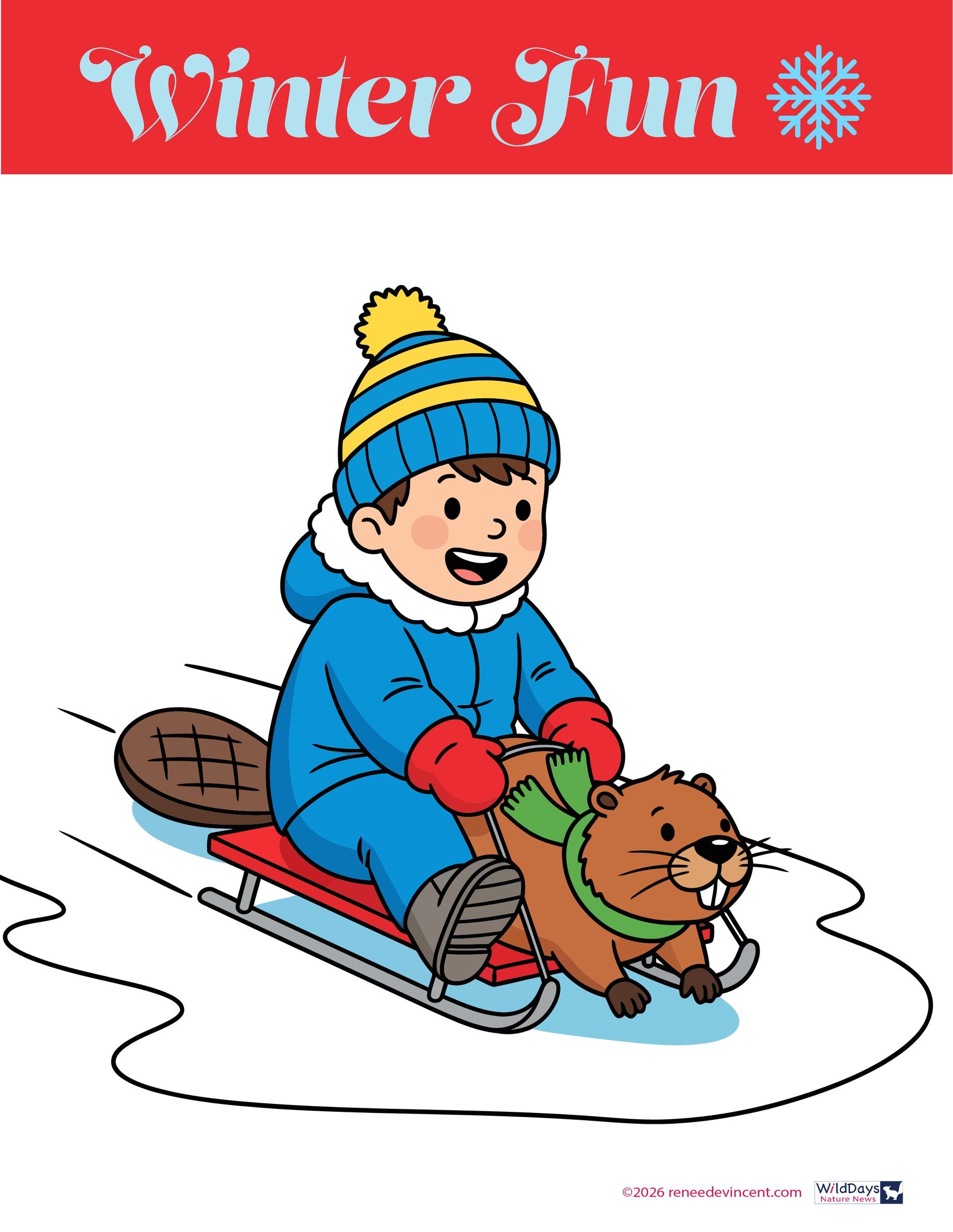 Boy sledding with a beaver in winter. Boy wears blue snowsuit, hat, red mittens. Beaver has green scarf.
