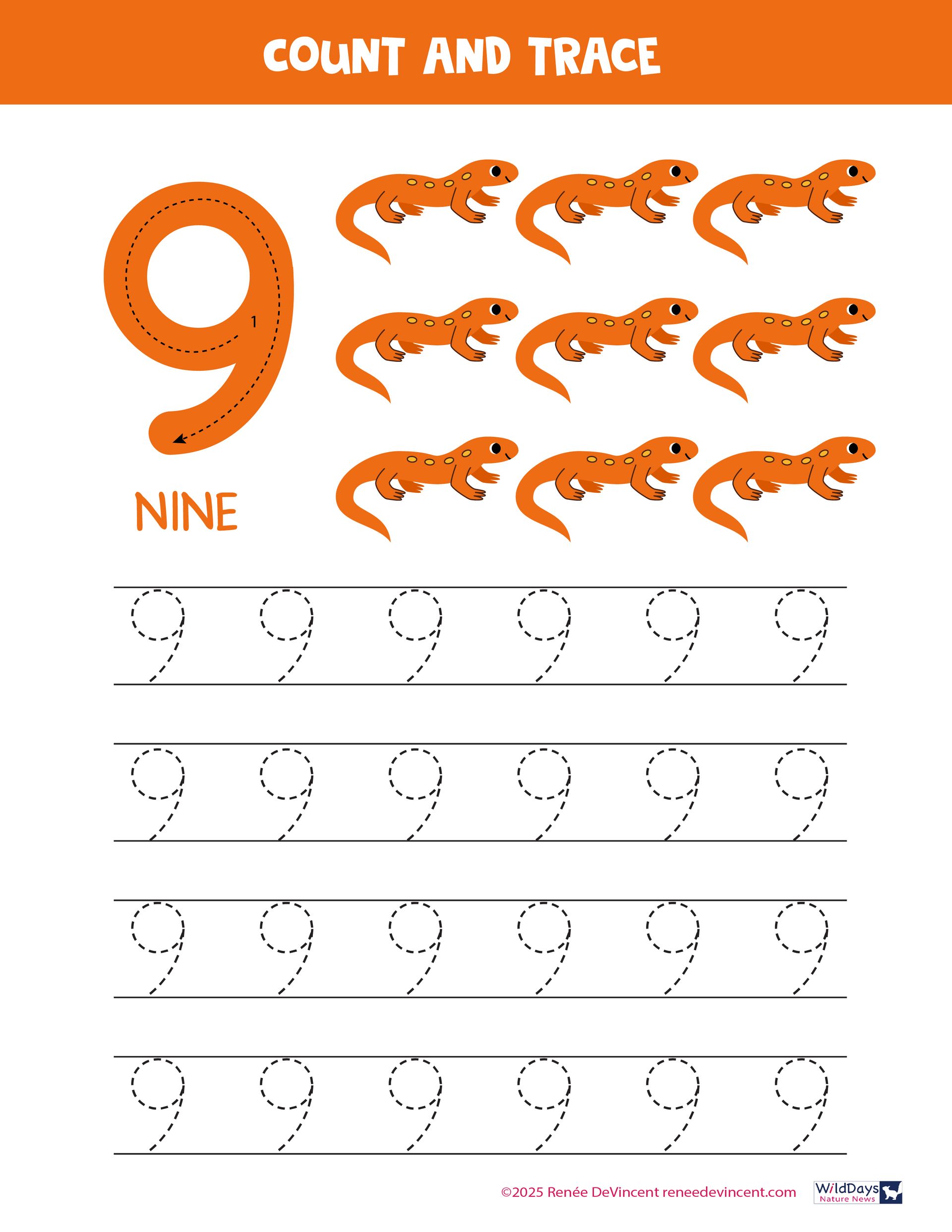 Worksheet: Count and trace the number 9. Contains illustrations of lizards.
