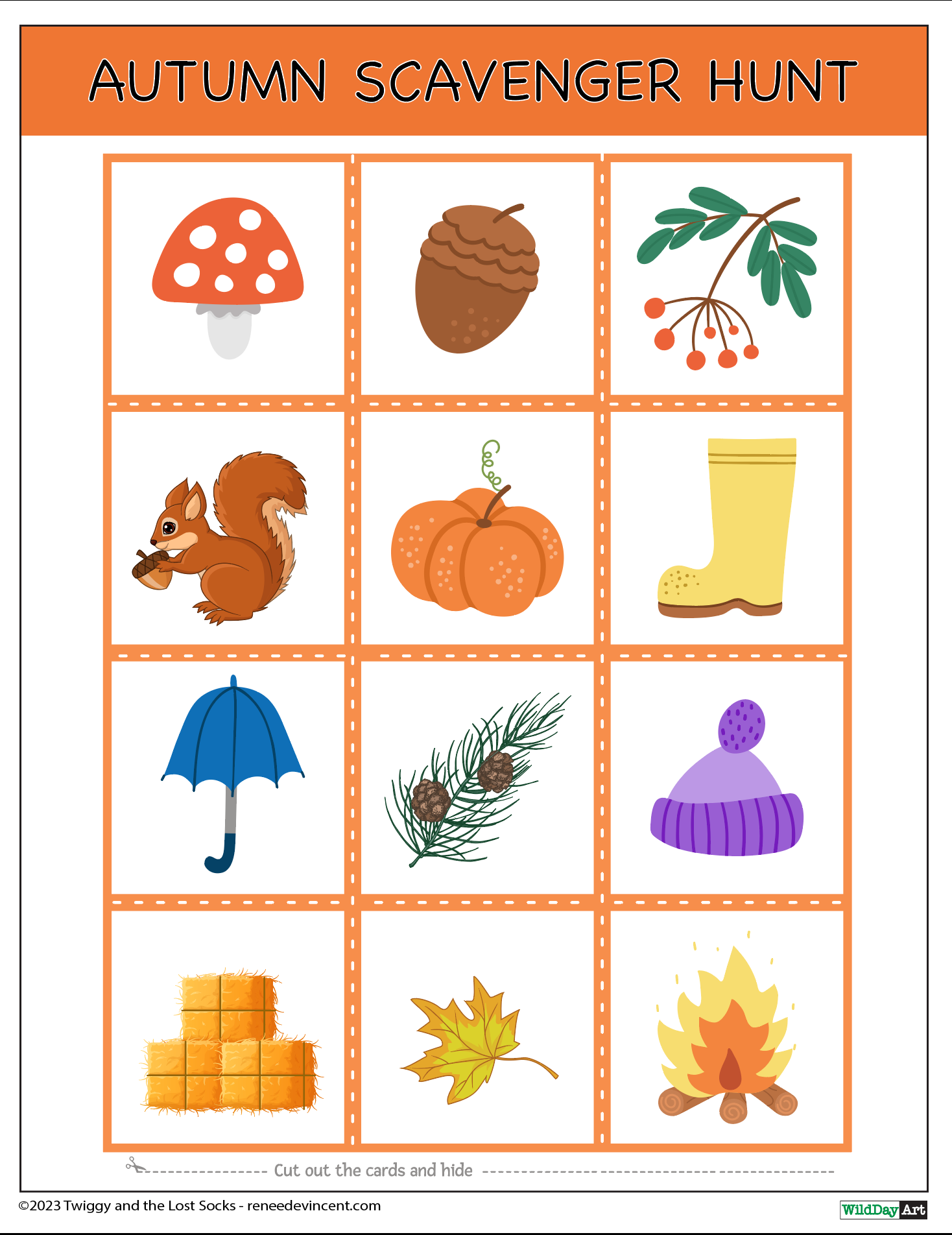 An autumn scavenger hunt for kids with pictures of autumn items