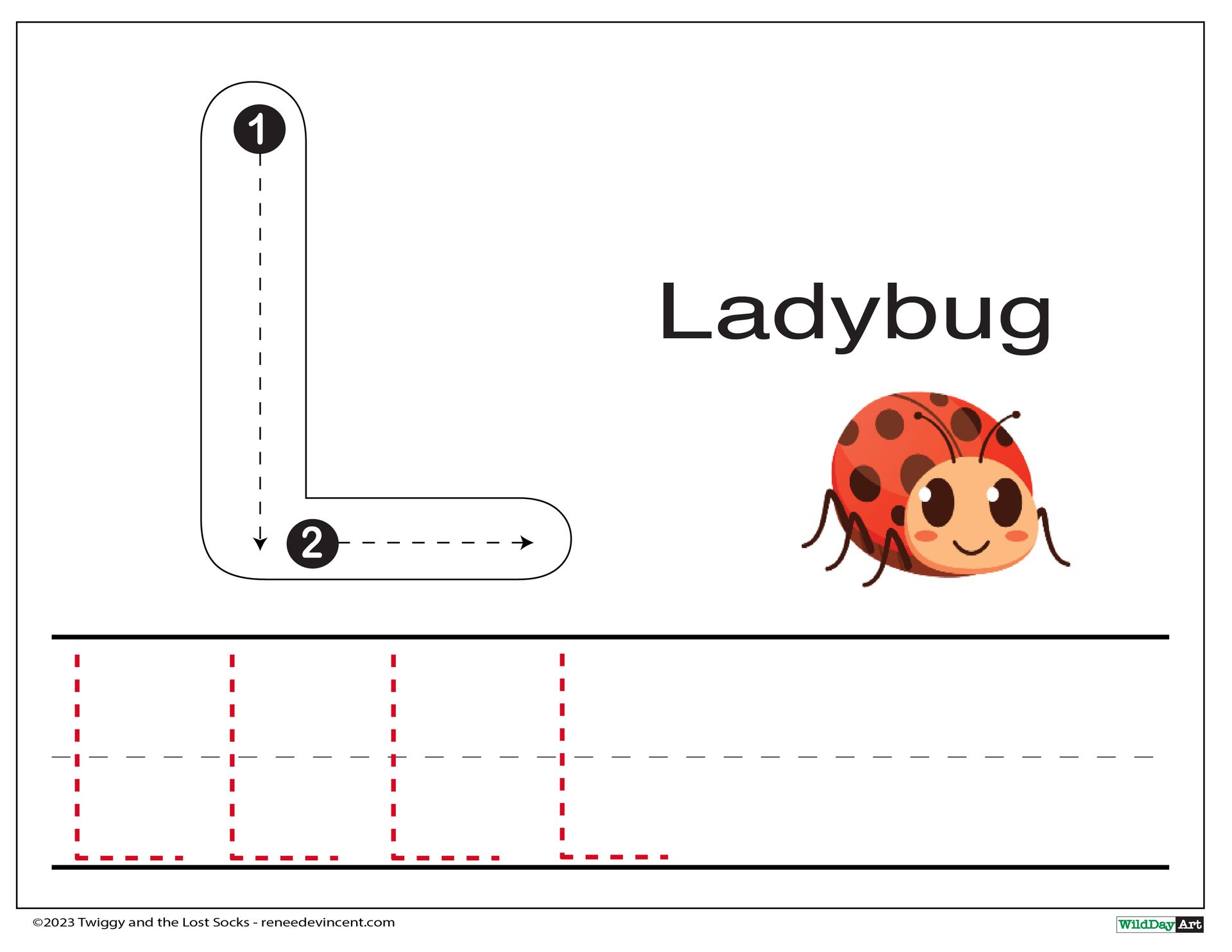 A ladybug is sitting next to the letter l on a white background.