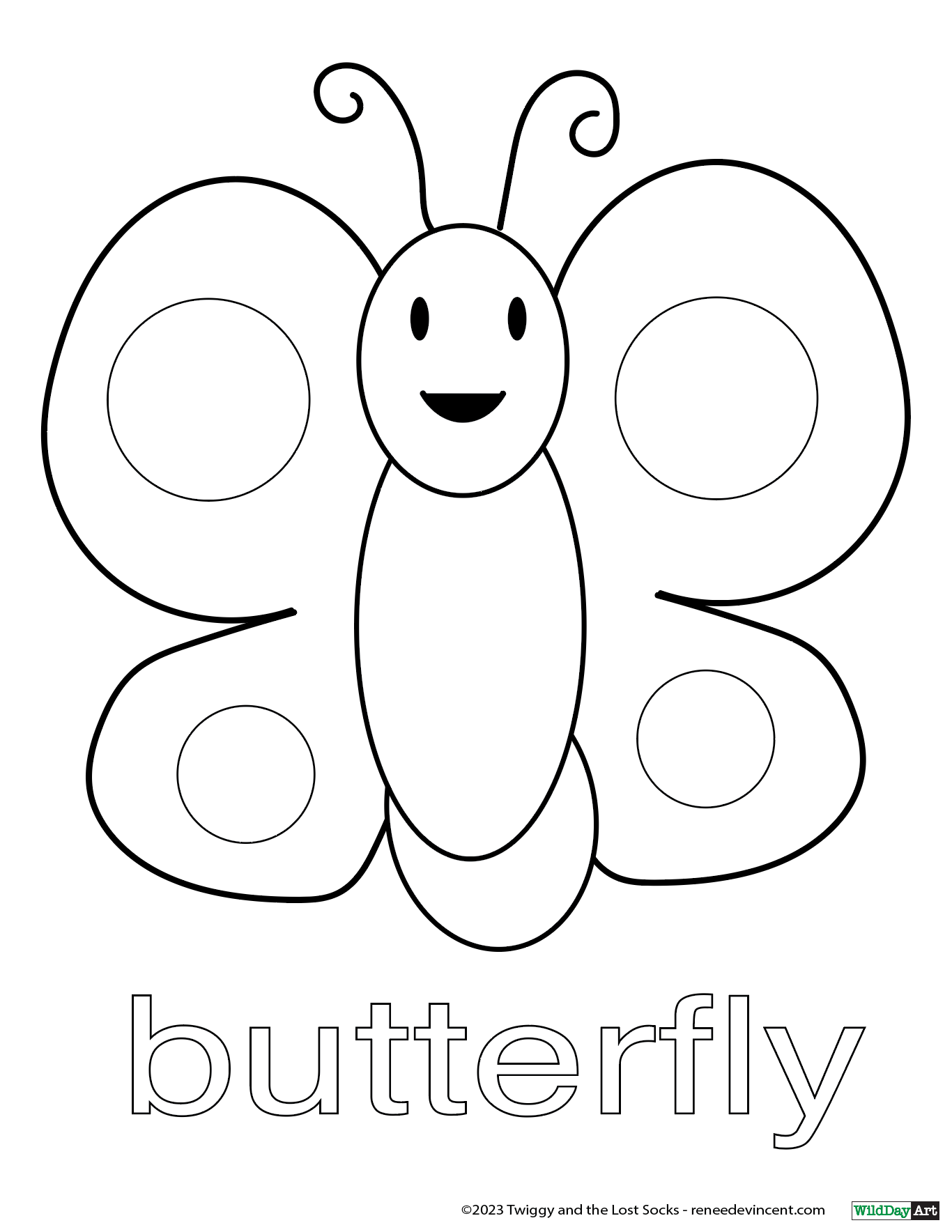 A black and white drawing of a butterfly with the word butterfly below it.