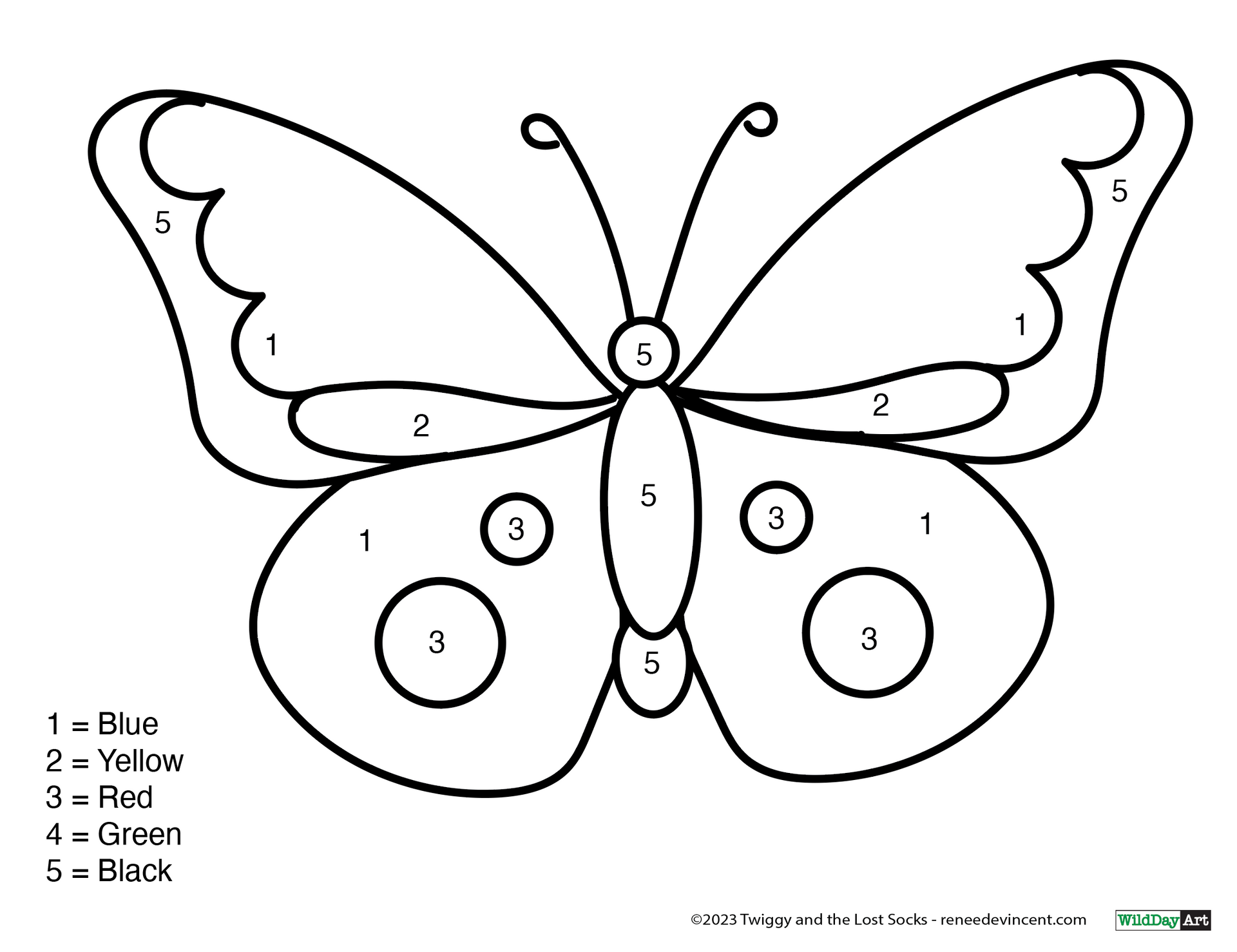 A black and white drawing of a butterfly with numbers on it.