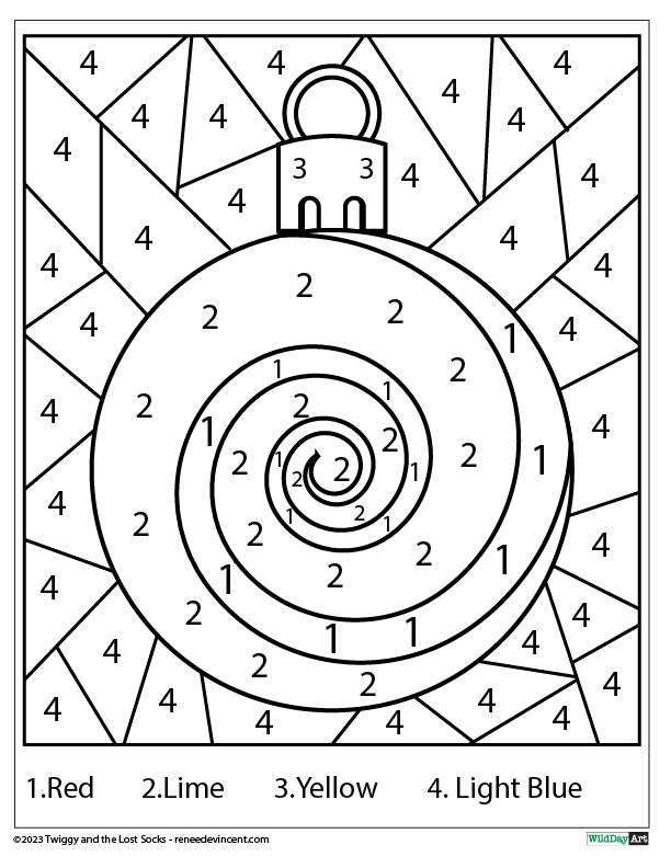 A color by number coloring page with a spiral christmas ornament.