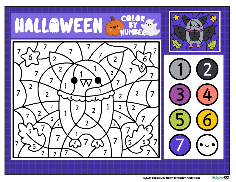 A halloween color by number worksheet with a bat and a ghost.