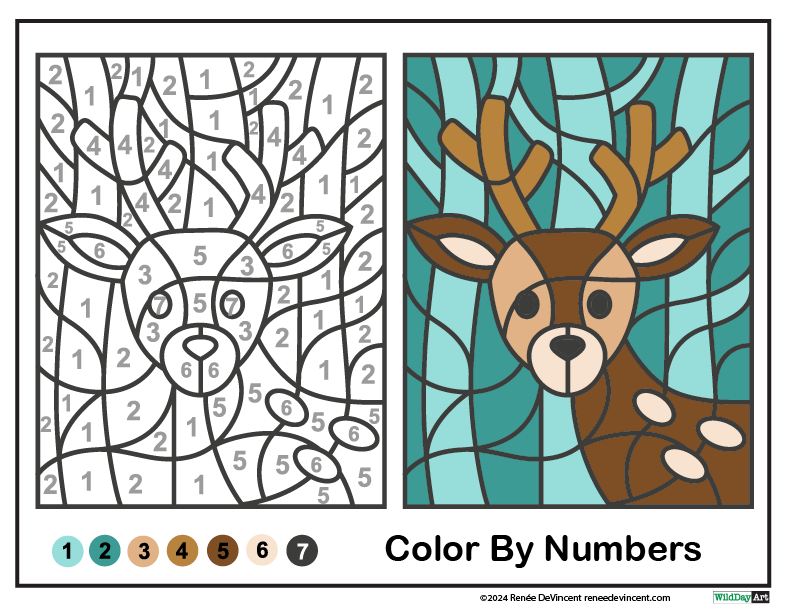 A color by numbers page with a deer on it.