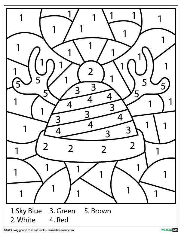 A color by number coloring page with a hat and mittens.