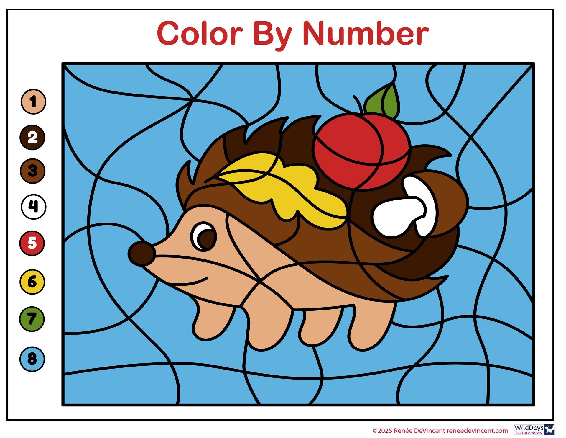Color-by-number: hedgehog with apple and mushroom, using a color key of eight colors on a blue background.