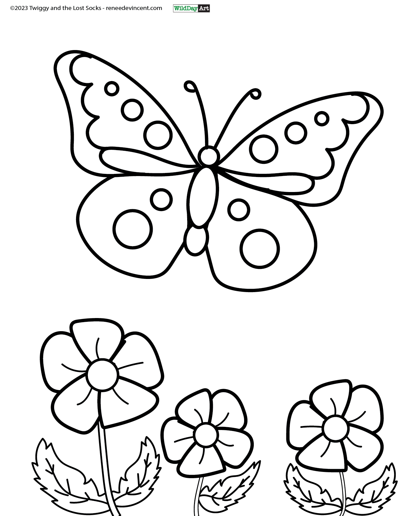 A black and white drawing of a butterfly and three flowers.