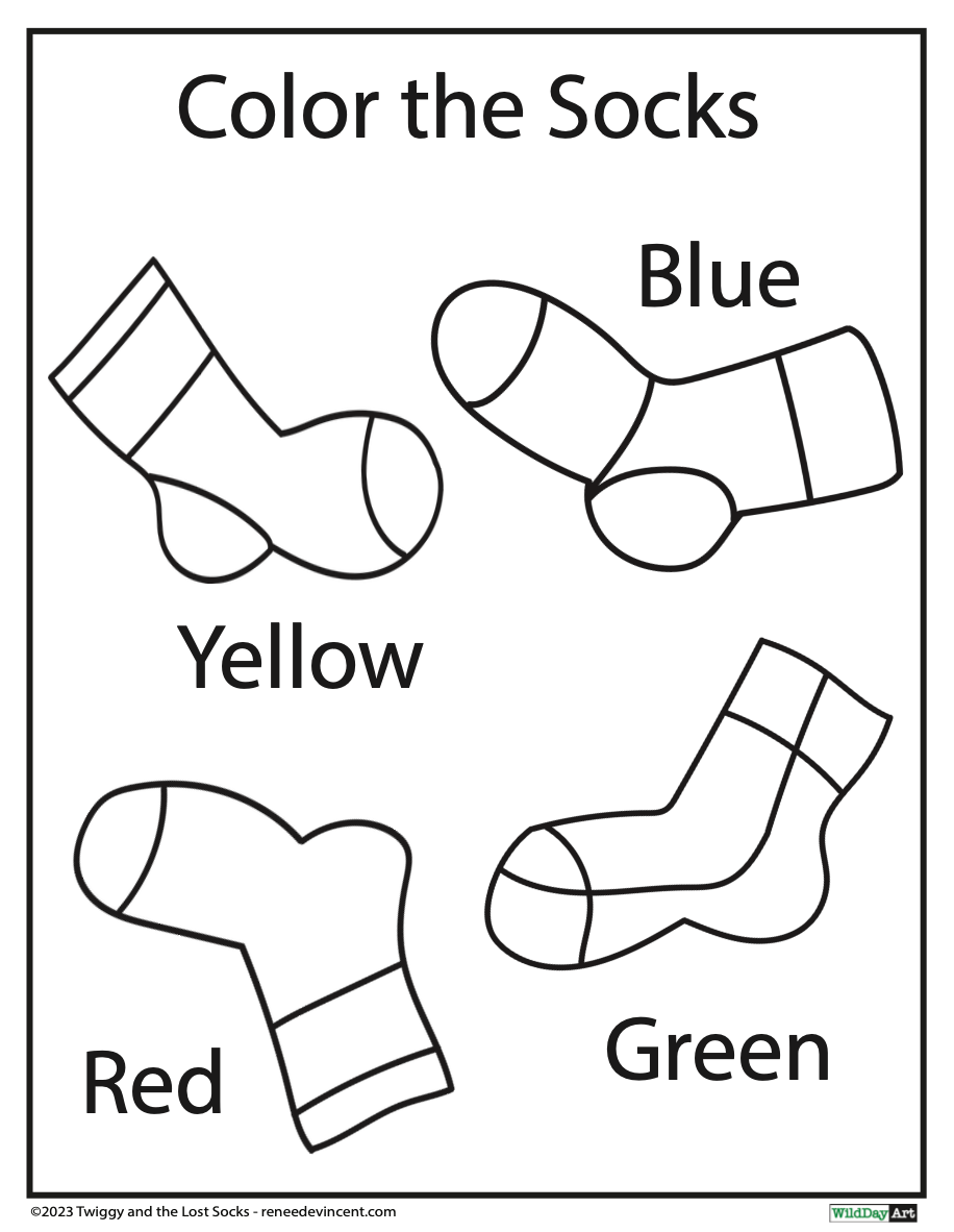 A coloring page with four different colored socks.