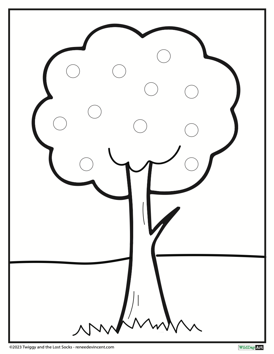 A black and white drawing of an apple tree with circles on the leaves.