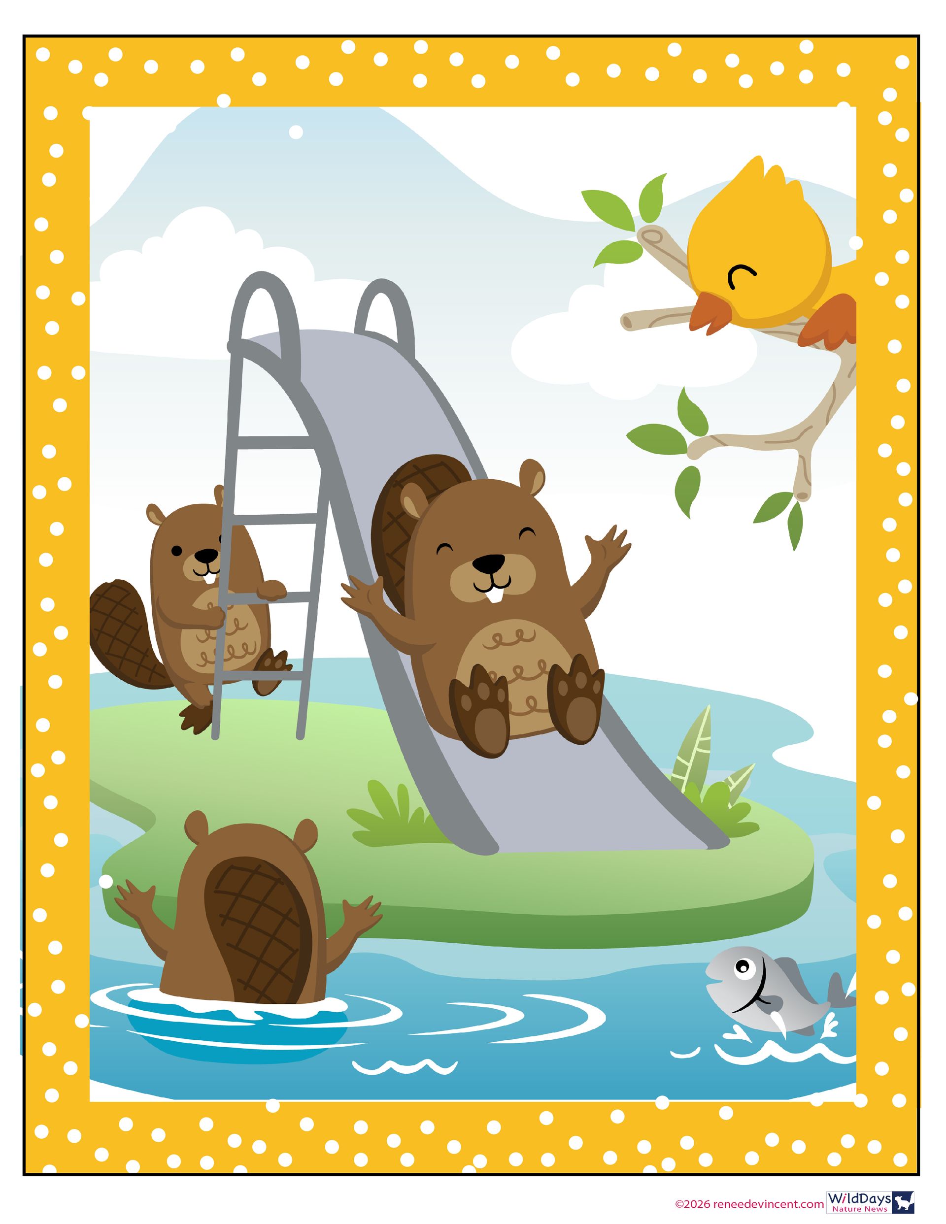 Beavers playing on a slide into water, with a yellow bird and a fish.
