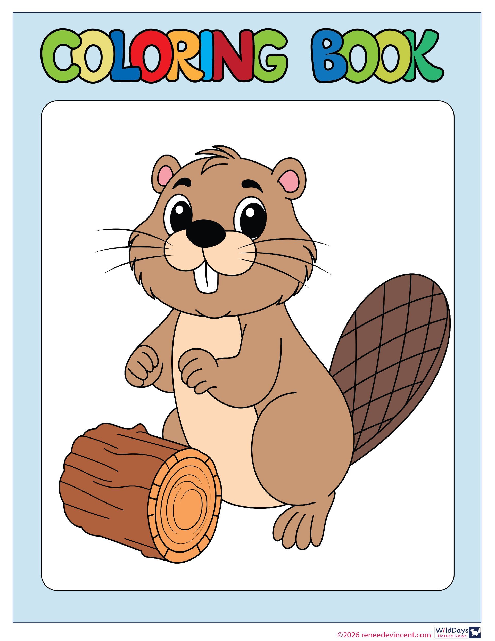 Beaver with a log; coloring book page. Brown beaver smiles with log in front.