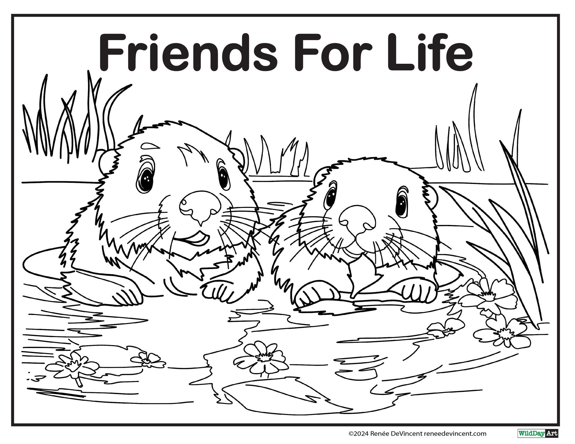 Two beavers in water; title