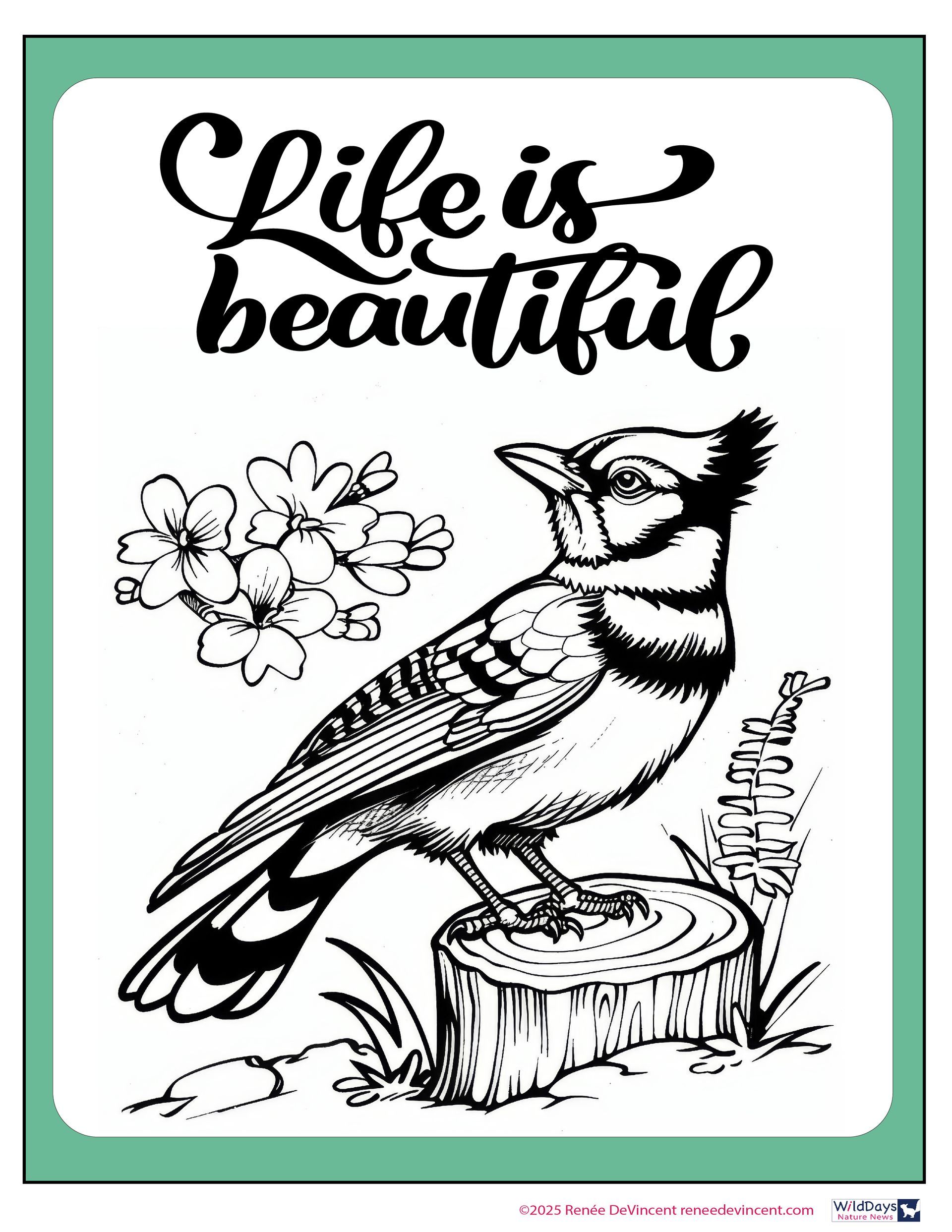 A black and white drawing of a bird sitting on a tree stump.