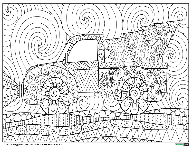 A coloring page of a truck with a christmas tree in the back.