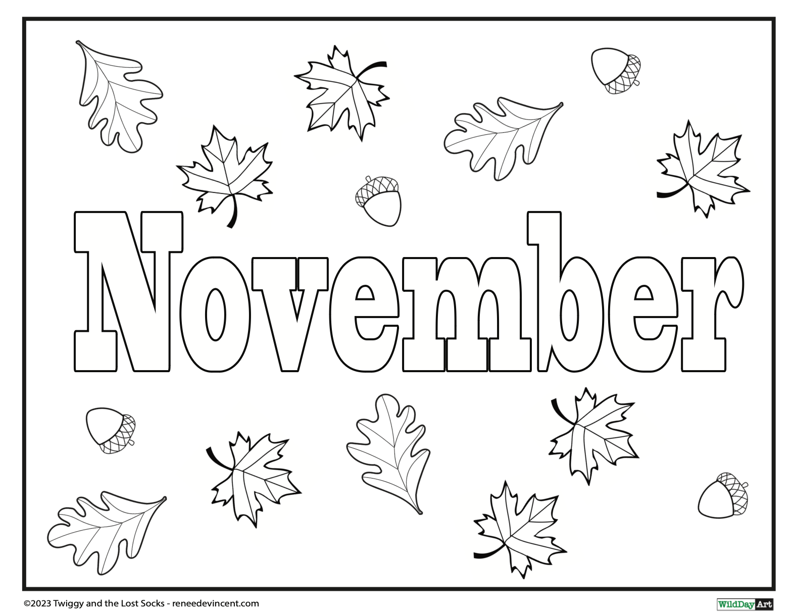 A black and white drawing of the word november with leaves and acorns.