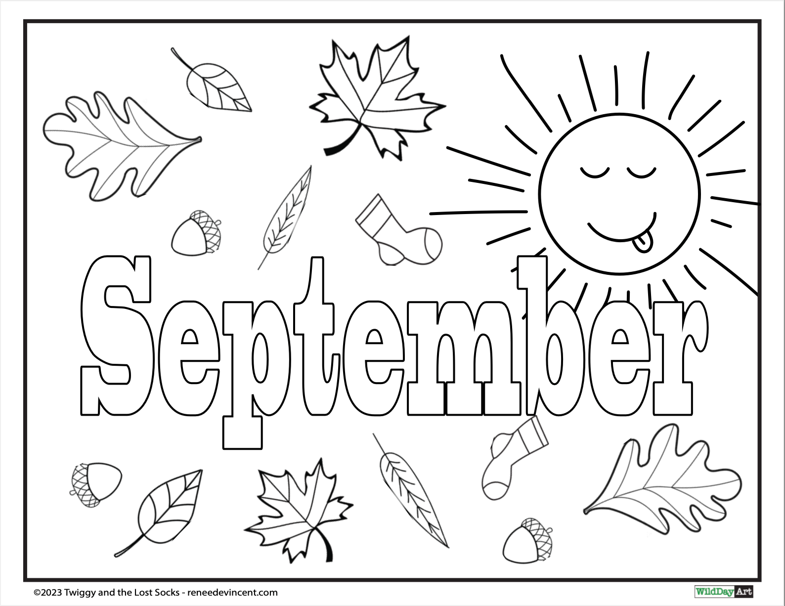 A coloring page for september with leaves , acorns , and the sun.