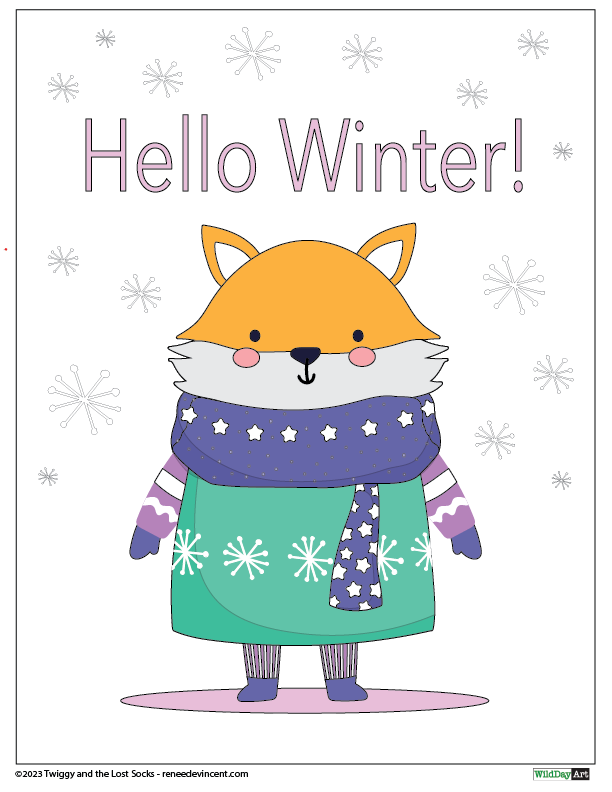 A fox wearing a scarf and gloves is standing in the snow.