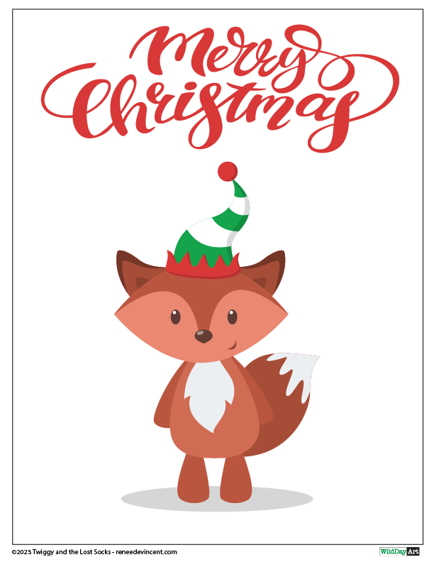 A christmas card with a fox wearing an elf hat.