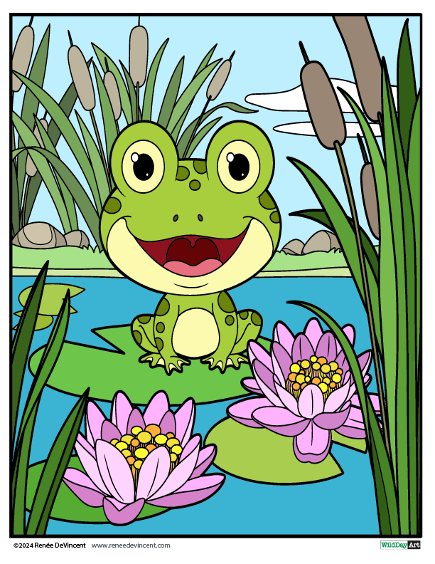 A frog is sitting on a lily pad in a pond