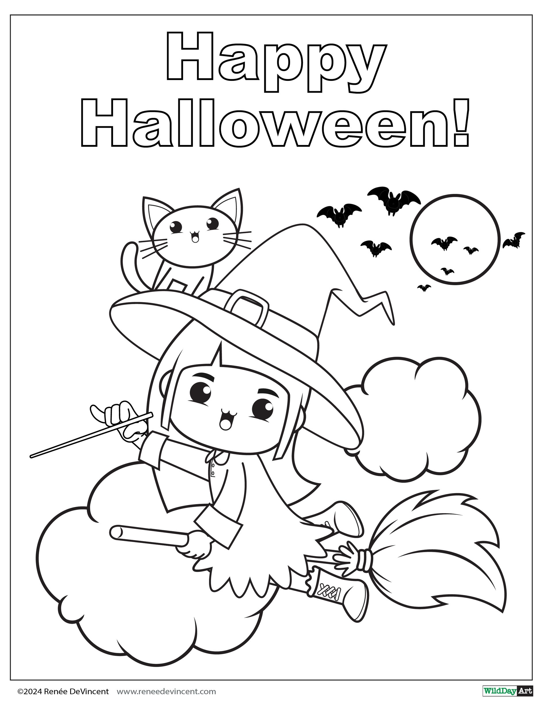 A witch is flying on a broom with a cat.