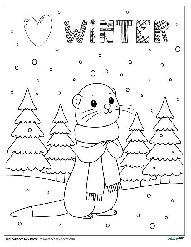 A black and white drawing of a weasel wearing a scarf in the snow.