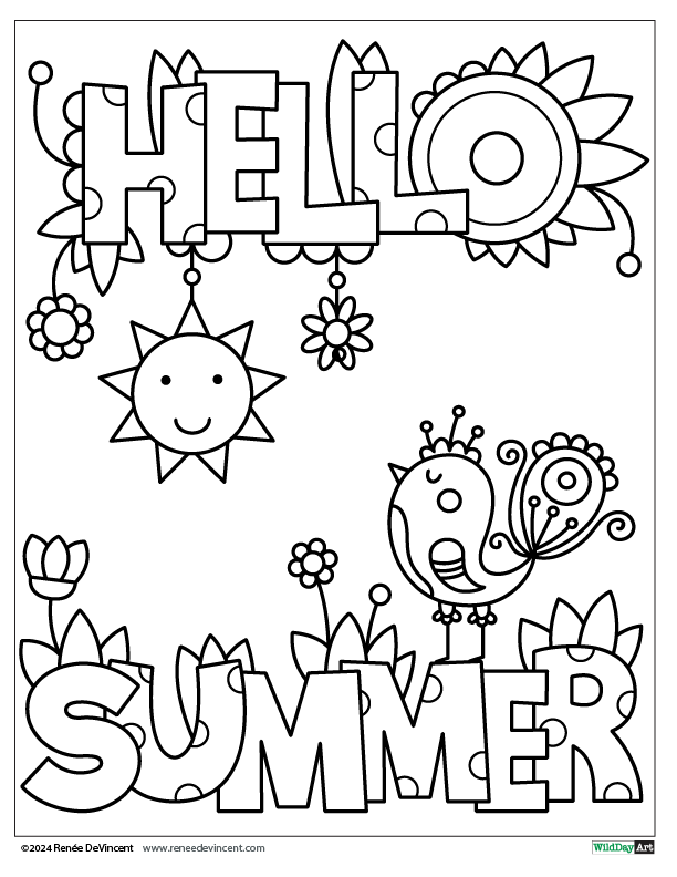 A coloring page that says `` hello summer '' with a sun , flowers , and a bird.