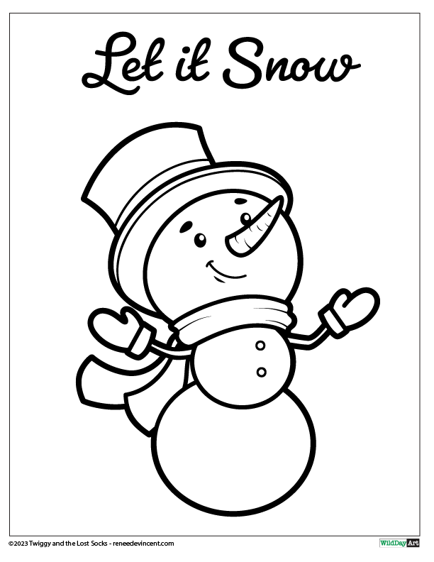 A black and white drawing of a snowman wearing a top hat and scarf.