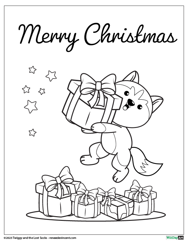 A cat is carrying a christmas present in a coloring page.