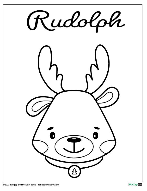 A black and white drawing of a reindeer with a bell around its neck.