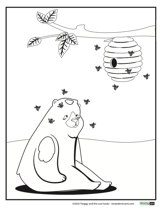 A black and white drawing of a bear sitting next to a beehive.