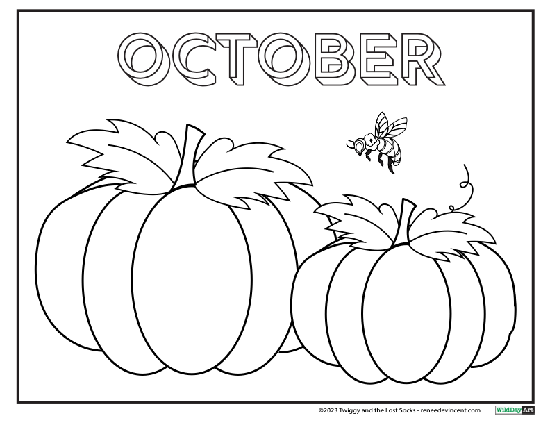 October coloring page with pumpkins and a bee