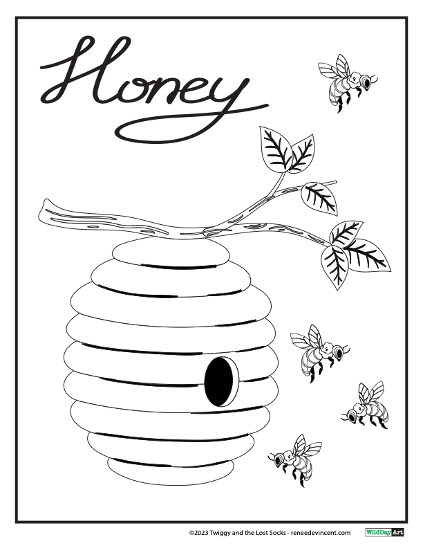 A black and white drawing of a beehive with bees flying around it.