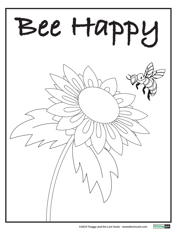 A bee is flying over a flower on a coloring page.