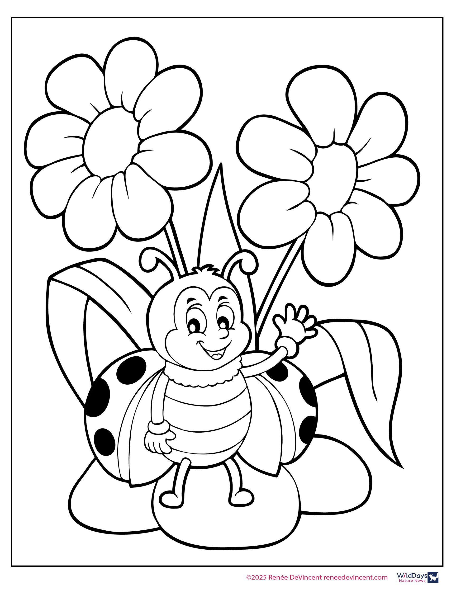 Coloring Page:A ladybug is sitting on a flower and waving.