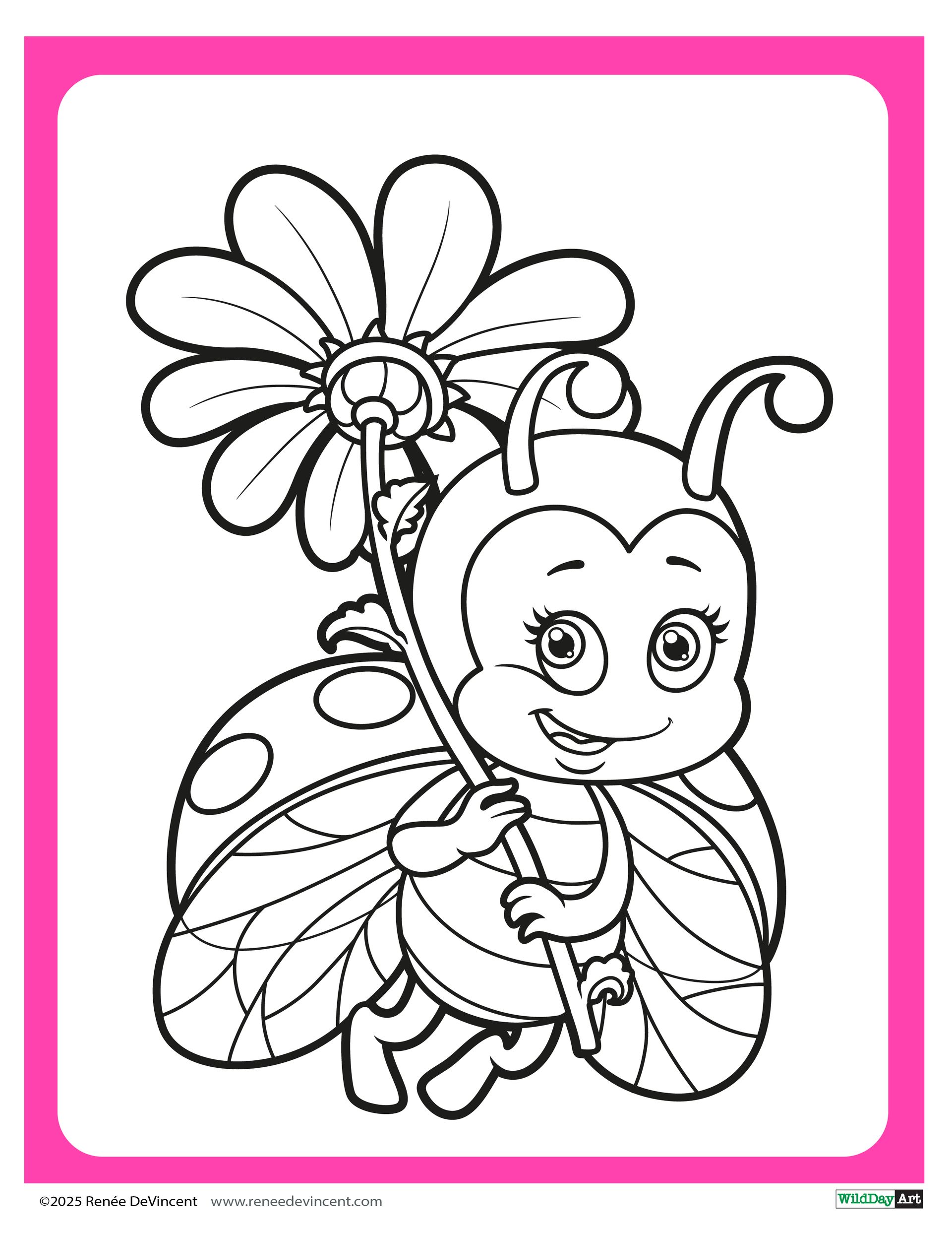 A ladybug is holding a flower in her hand.