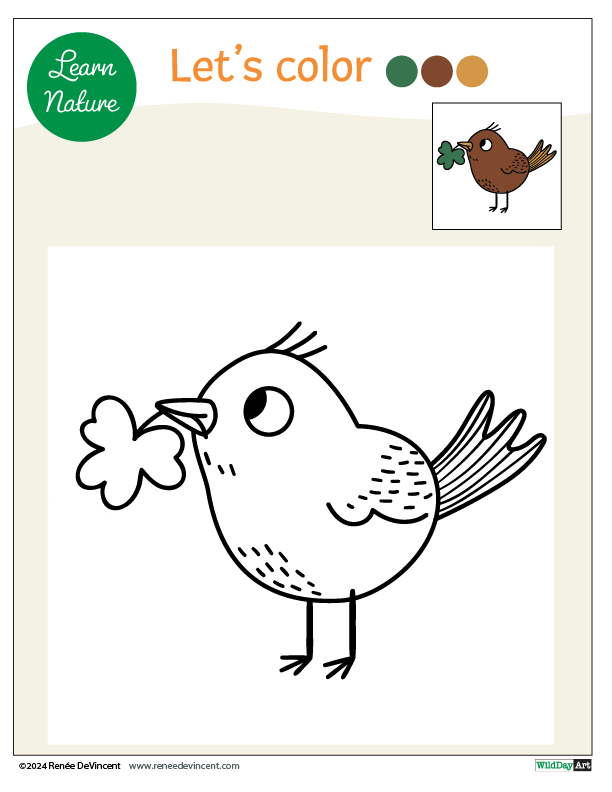 A coloring page of a bird with a flower in its beak.