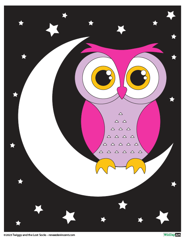 A pink and purple owl is sitting on a crescent moon.