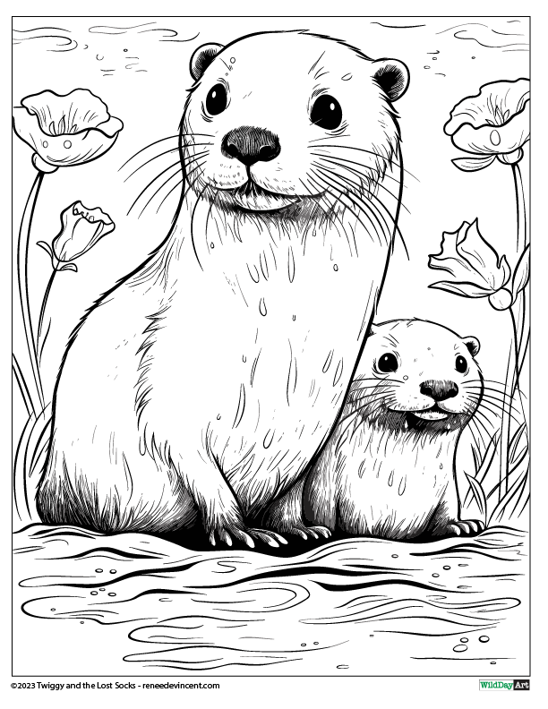 A black and white drawing of a mother otter and her baby otter.