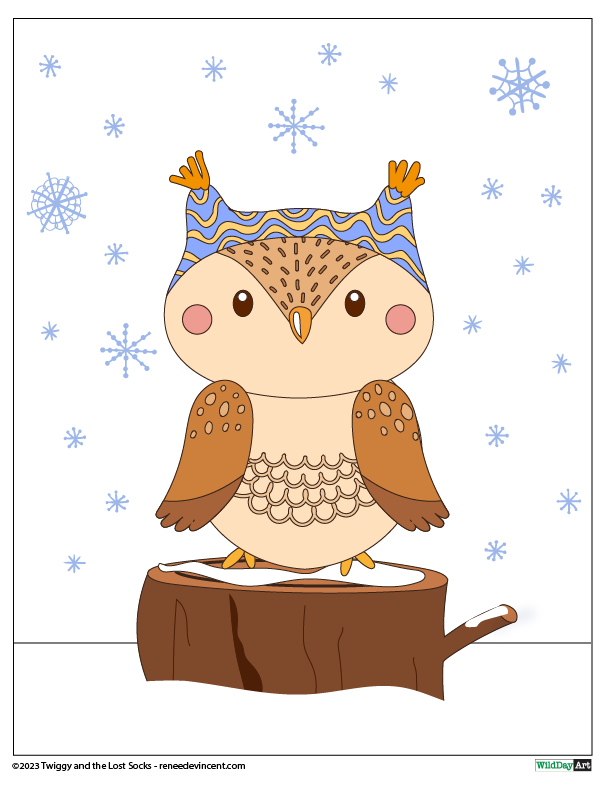 A cute owl is sitting on a tree stump in the snow.