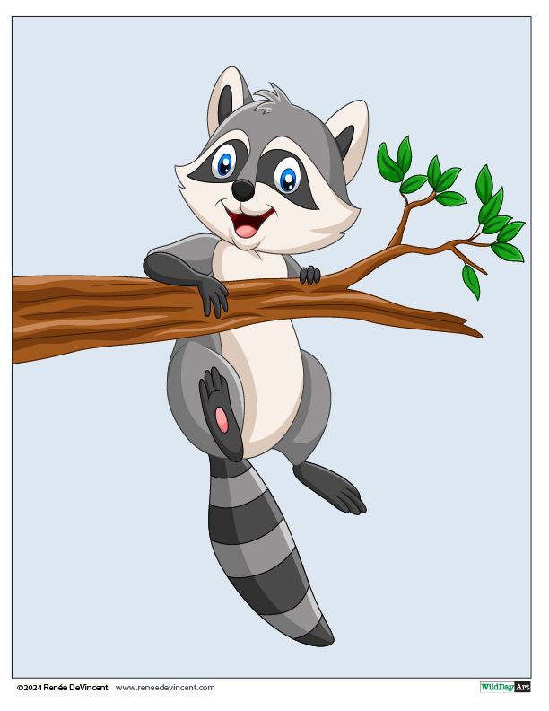 A cartoon raccoon is sitting on a tree branch.