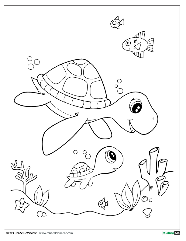 A black and white drawing of a turtle swimming in the ocean.