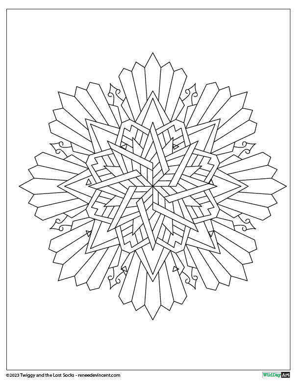 A black and white drawing of a snowflake coloring page.