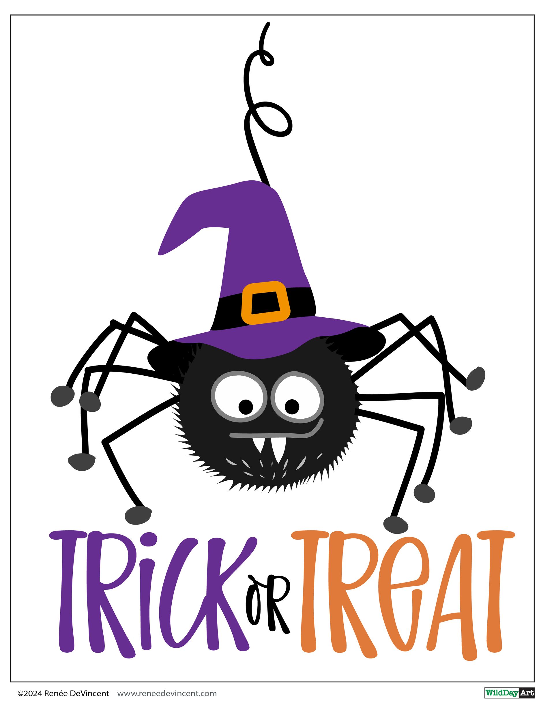 A black spider wearing a purple witch hat is hanging upside down.