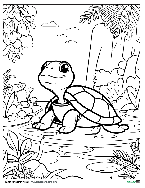 A black and white drawing of a turtle in the water.