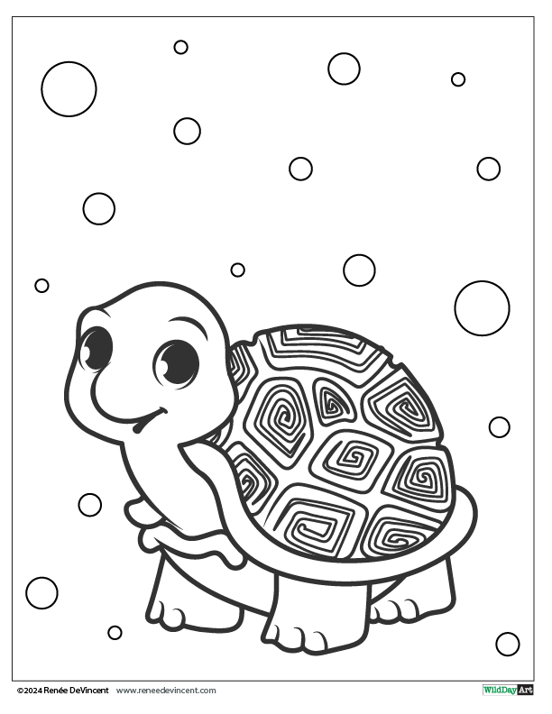 A black and white drawing of a turtle with bubbles around it.