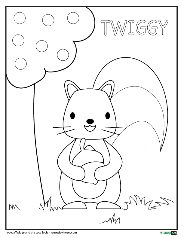 A black and white drawing of a squirrel holding a nut under a tree.